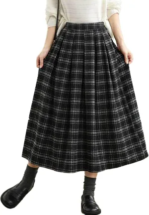 SOMTHRON Women's Retro Plaid Midi Skirt Elastic High Waist A-Line Pleated Flare Checkered Long Skirt