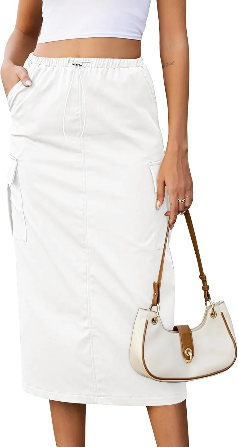 Split Back Long Cargo Skirts Y2K High Waist Pencil Midi Skirt Drawstring Vintage Streetwear with Pockets