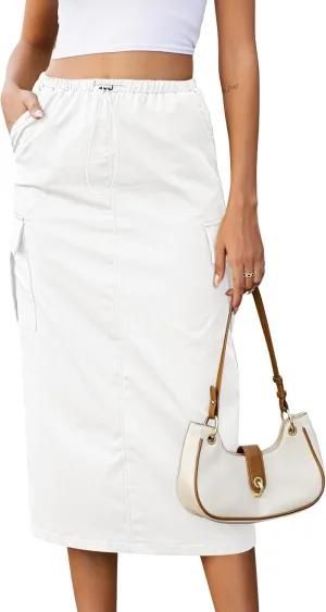 Split Back Long Cargo Skirts Y2K High Waist Pencil Midi Skirt Drawstring Vintage Streetwear with Pockets
