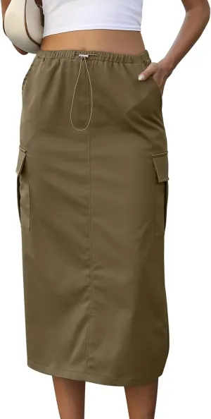 Split Back Long Cargo Skirts Y2K High Waist Pencil Midi Skirt Drawstring Vintage Streetwear with Pockets