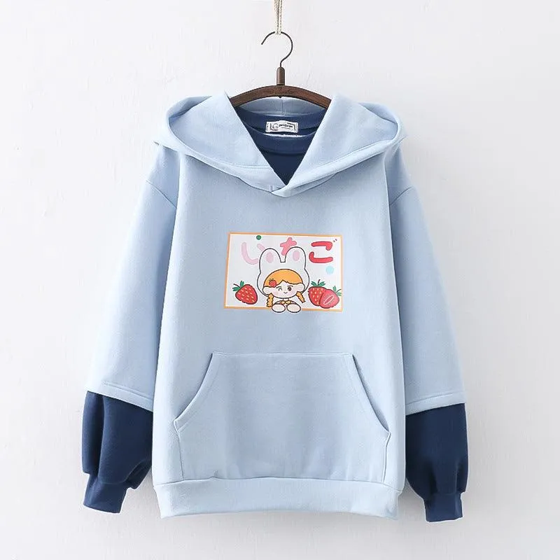 Strawberry Printed Fleece Padded Sweater For Girls