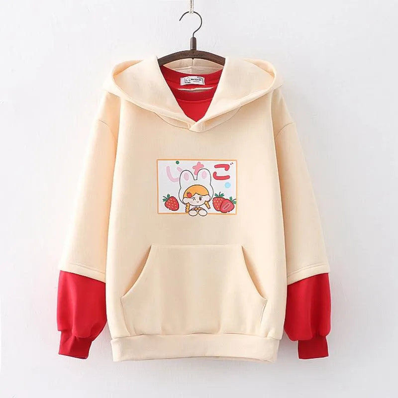 Strawberry Printed Fleece Padded Sweater For Girls