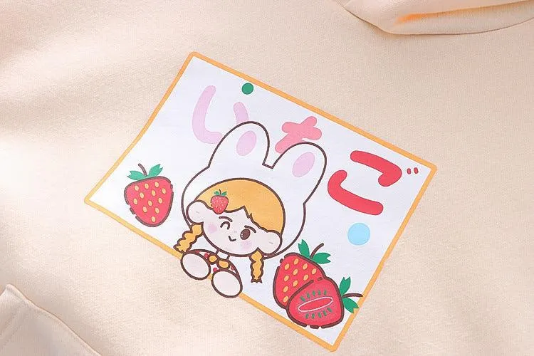 Strawberry Printed Fleece Padded Sweater For Girls