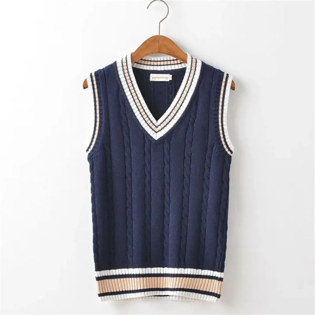 Striped White Knitted Sweaters for Men Blue Sleeveless Clothes V Neck Vest Red Waistcoat Jumpers Sweat-Shirt