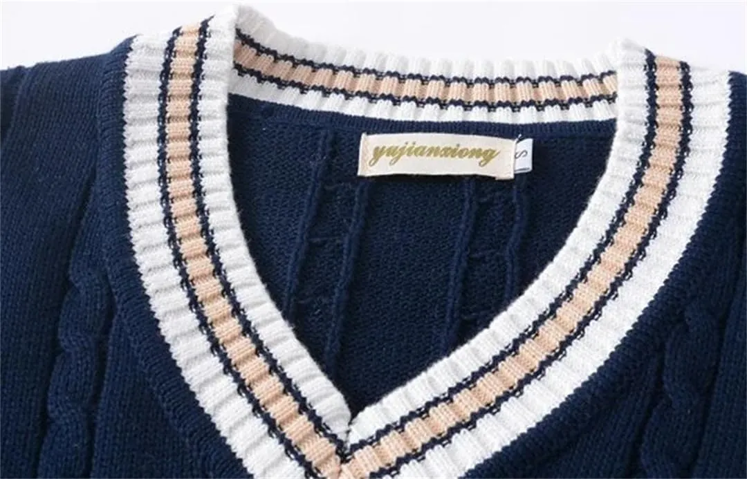 Striped White Knitted Sweaters for Men Blue Sleeveless Clothes V Neck Vest Red Waistcoat Jumpers Sweat-Shirt