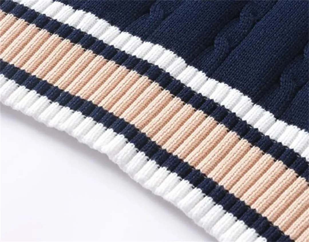 Striped White Knitted Sweaters for Men Blue Sleeveless Clothes V Neck Vest Red Waistcoat Jumpers Sweat-Shirt