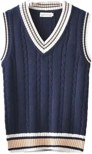 Striped White Knitted Sweaters for Men Blue Sleeveless Clothes V Neck Vest Red Waistcoat Jumpers Sweat-Shirt
