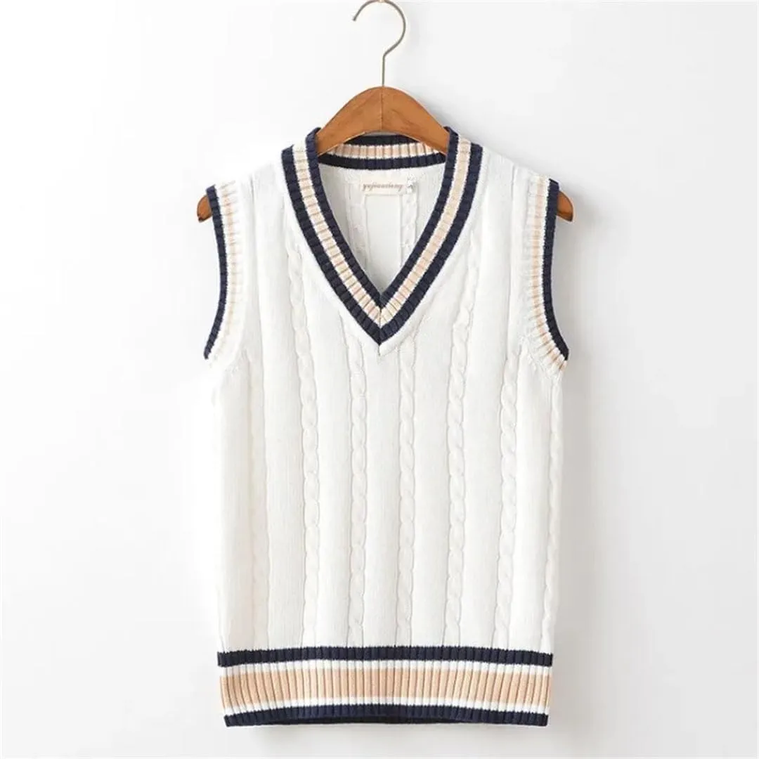 Striped White Knitted Sweaters for Men Blue Sleeveless Clothes V Neck Vest Red Waistcoat Jumpers Sweat-Shirt
