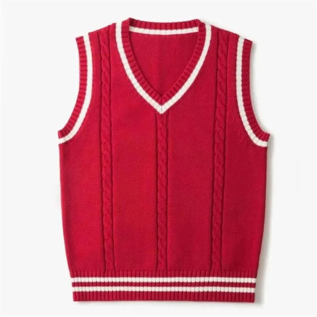 Striped White Knitted Sweaters for Men Blue Sleeveless Clothes V Neck Vest Red Waistcoat Jumpers Sweat-Shirt