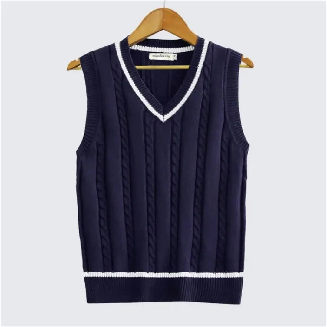 Striped White Knitted Sweaters for Men Blue Sleeveless Clothes V Neck Vest Red Waistcoat Jumpers Sweat-Shirt