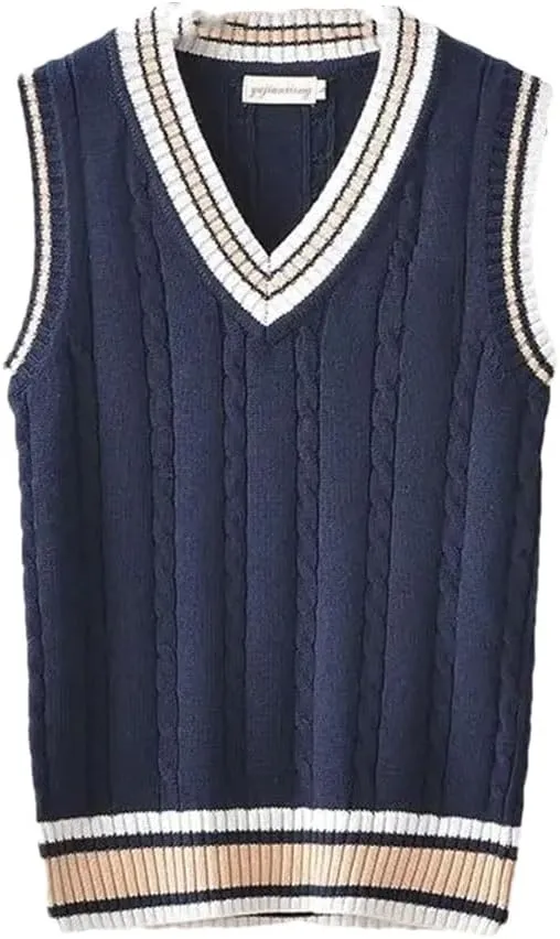 Striped White Knitted Sweaters for Men Blue Sleeveless Clothes V Neck Vest Red Waistcoat Jumpers Sweat-Shirt