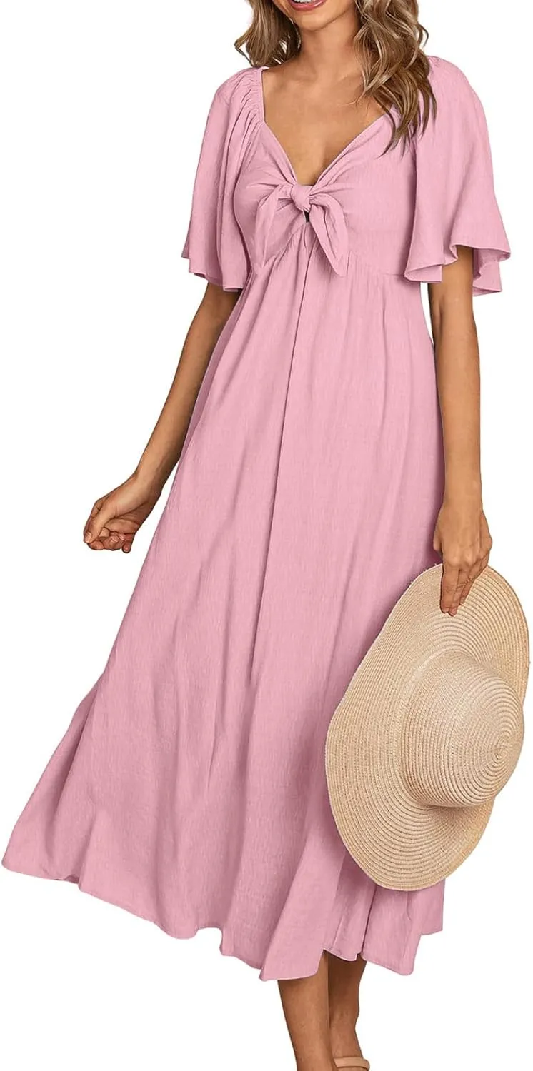 Summer Dress for Women 2024 Casual Short Sleeve Front Bow Tie V Neck Ruffle Midi Flowy Dresses Trendy Smocked Back Dress