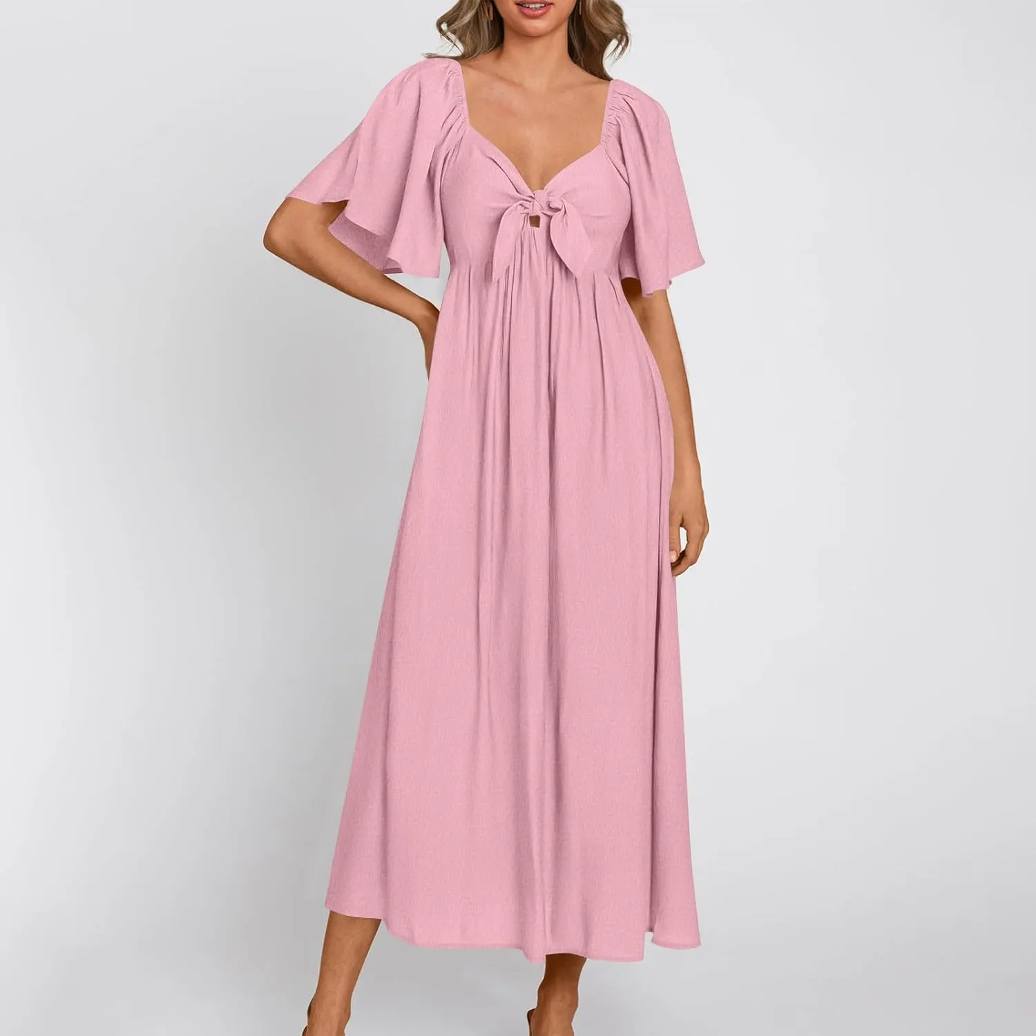 Summer Dress for Women 2024 Casual Short Sleeve Front Bow Tie V Neck Ruffle Midi Flowy Dresses Trendy Smocked Back Dress