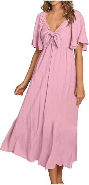 Summer Dress for Women 2024 Casual Short Sleeve Front Bow Tie V Neck Ruffle Midi Flowy Dresses Trendy Smocked Back Dress