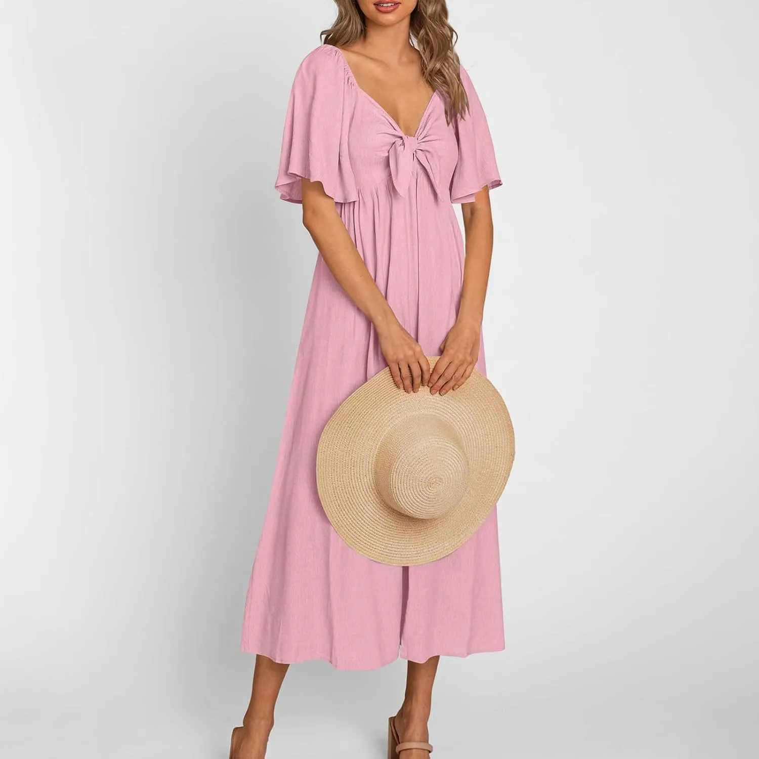 Summer Dress for Women 2024 Casual Short Sleeve Front Bow Tie V Neck Ruffle Midi Flowy Dresses Trendy Smocked Back Dress