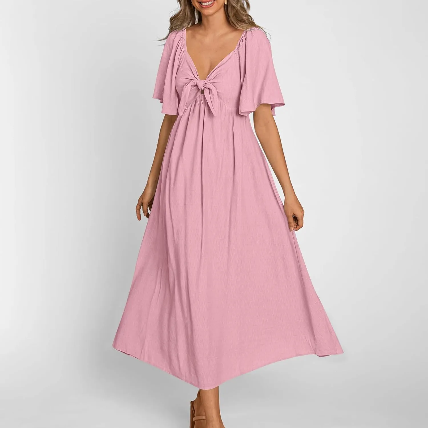 Summer Dress for Women 2024 Casual Short Sleeve Front Bow Tie V Neck Ruffle Midi Flowy Dresses Trendy Smocked Back Dress