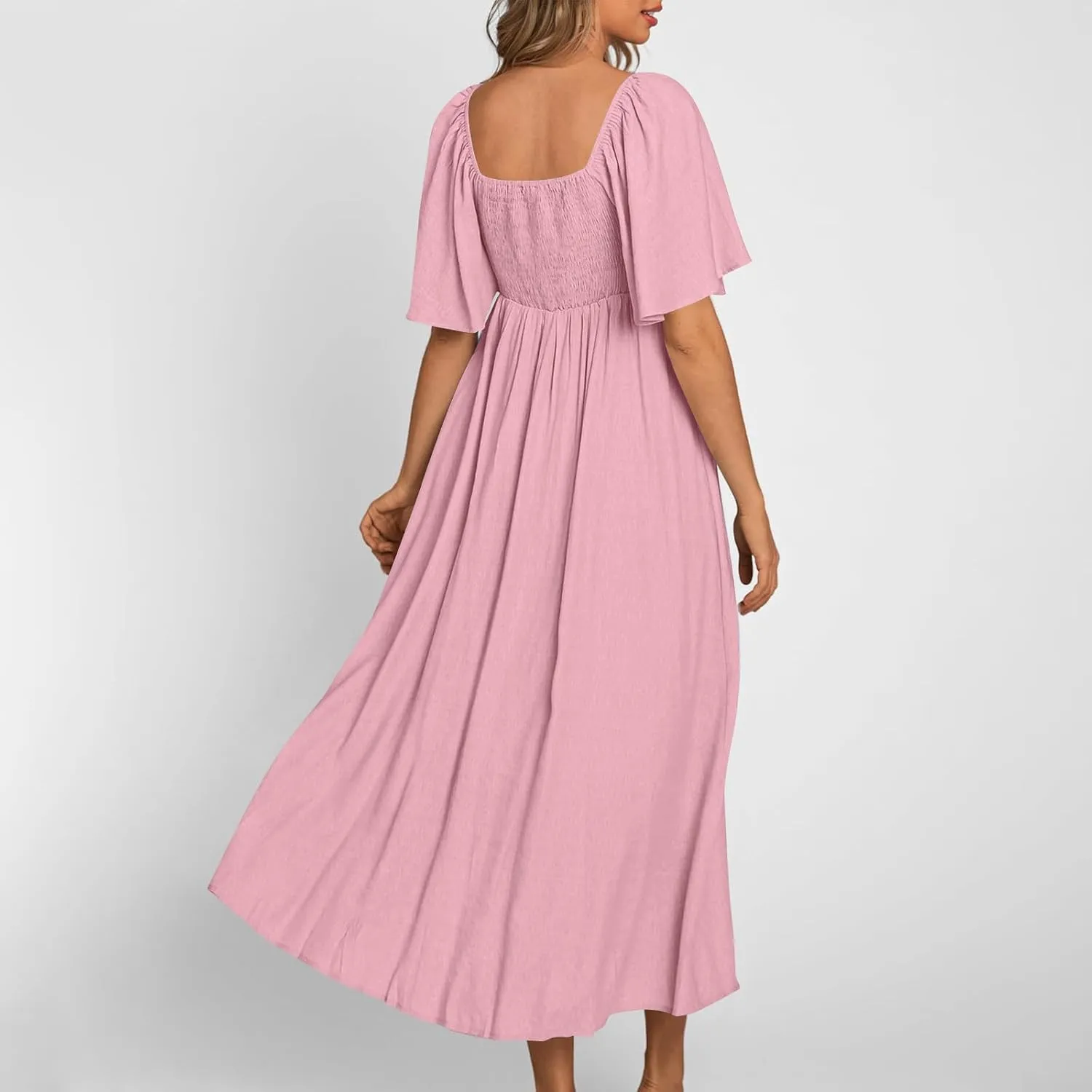 Summer Dress for Women 2024 Casual Short Sleeve Front Bow Tie V Neck Ruffle Midi Flowy Dresses Trendy Smocked Back Dress