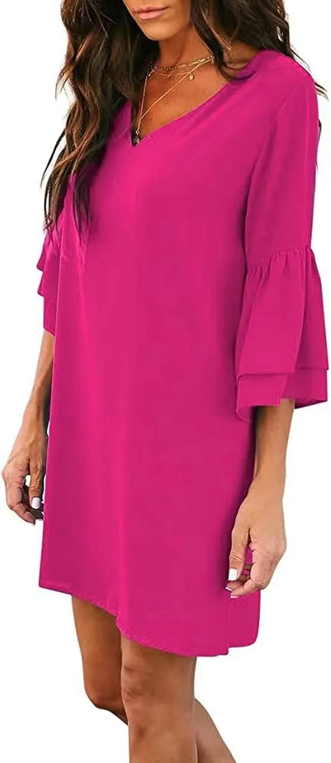 Summer Dresses for Women Sweet & Cute V-Neck Bell Sleeve Mini Shift Dress Casual Loose Flowy Sundress Comfy Work Dresses