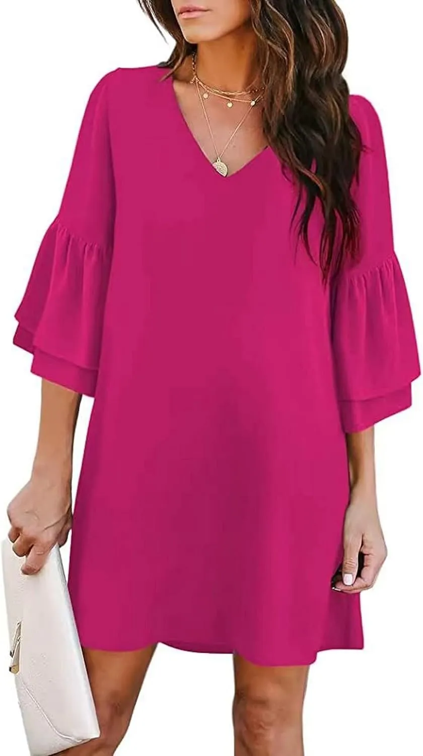 Summer Dresses for Women Sweet & Cute V-Neck Bell Sleeve Mini Shift Dress Casual Loose Flowy Sundress Comfy Work Dresses