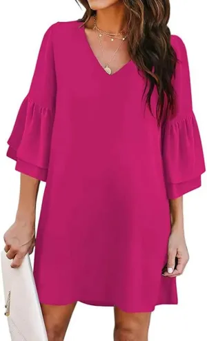 Summer Dresses for Women Sweet & Cute V-Neck Bell Sleeve Mini Shift Dress Casual Loose Flowy Sundress Comfy Work Dresses