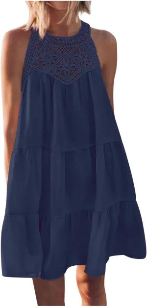 Summer Hollow Out Lace Crochet Halter Dresses Womens Casual Sleeveless Tiered Swing Sundress Beach Vacation Mini Dress