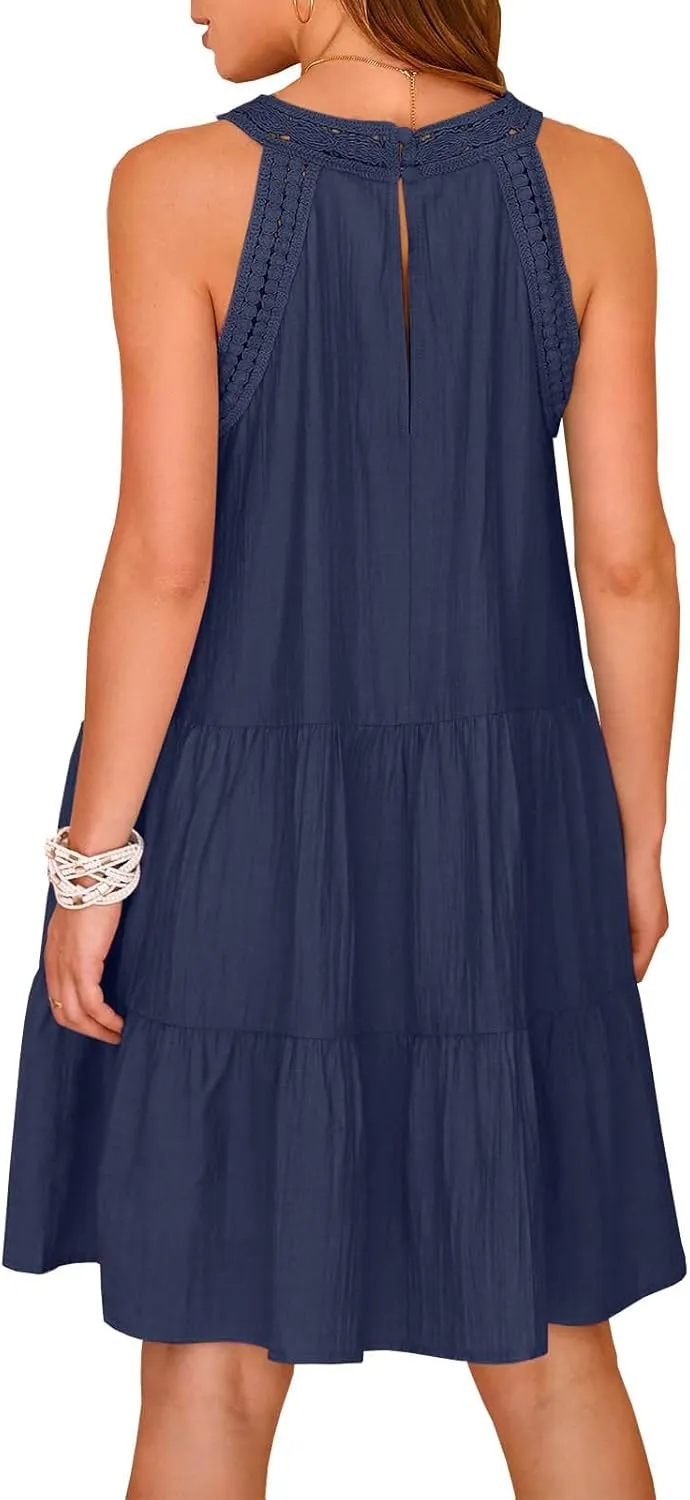 Summer Hollow Out Lace Crochet Halter Dresses Womens Casual Sleeveless Tiered Swing Sundress Beach Vacation Mini Dress