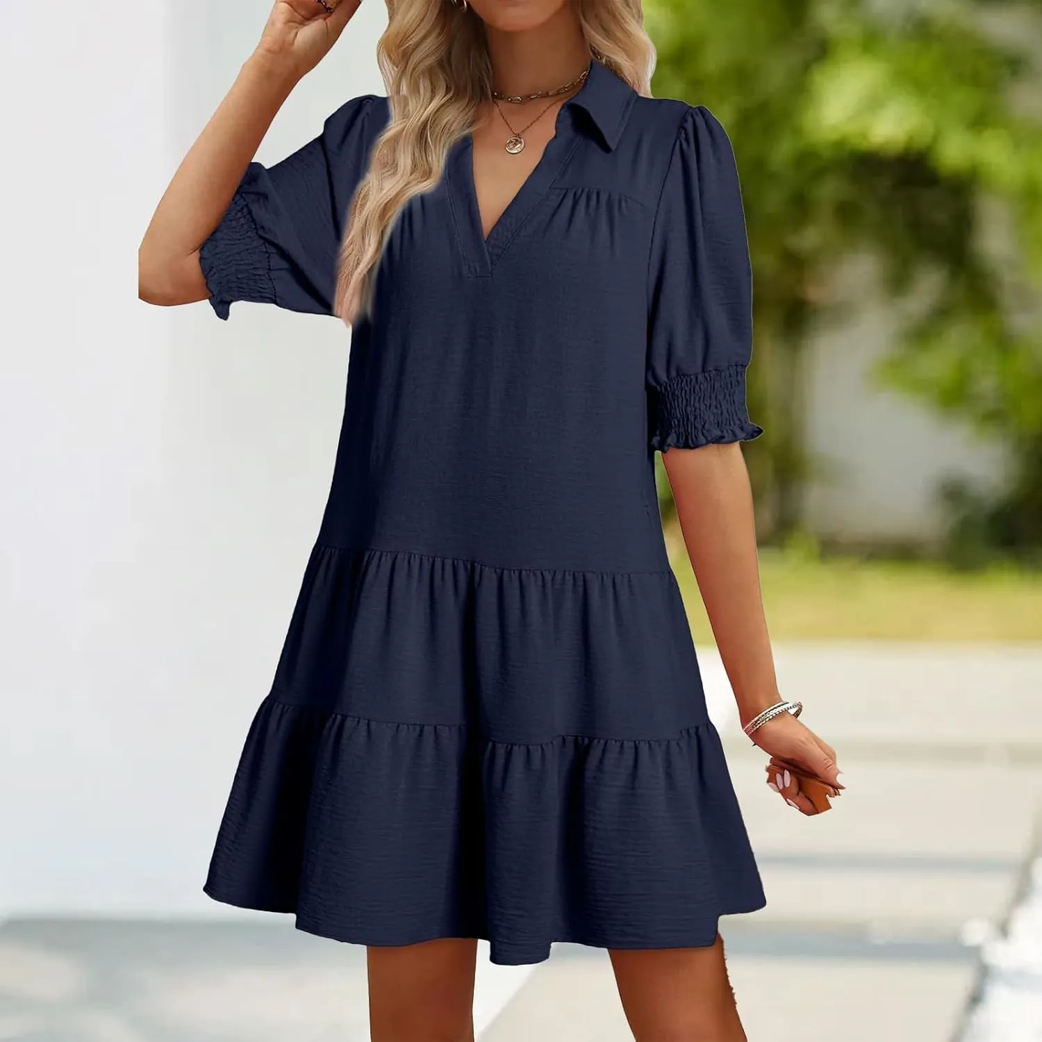 Summer Mini Dress for Women Lapel Collared V Neck Flutter Sleeve Maxi Dress Casual Beach Sundress Vacation