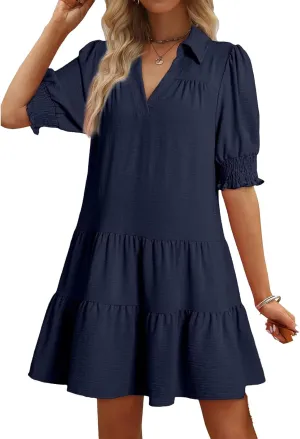 Summer Mini Dress for Women Lapel Collared V Neck Flutter Sleeve Maxi Dress Casual Beach Sundress Vacation