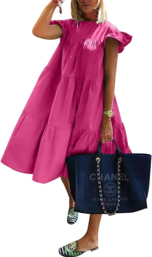 Summer Plus Size Babydoll Dress for Women Crew Neck Solid Color Ruffle Sleeveless Layered Smocked Loose Midi Dress