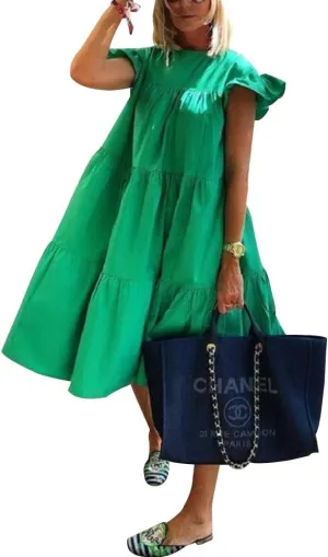 Summer Plus Size Babydoll Dress for Women Crew Neck Solid Color Ruffle Sleeveless Layered Smocked Loose Midi Dress