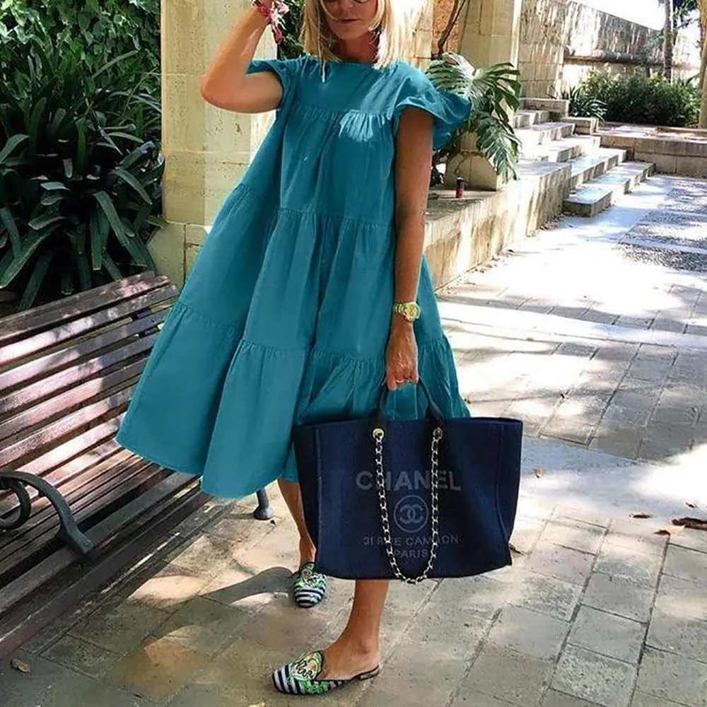 Summer Plus Size Babydoll Dress for Women Crew Neck Solid Color Ruffle Sleeveless Layered Smocked Loose Midi Dress