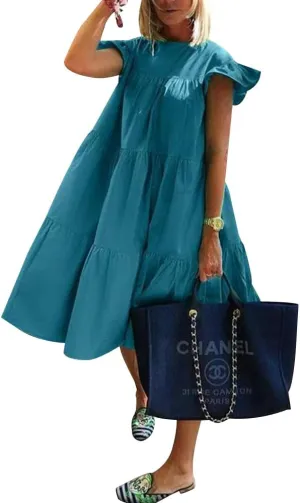 Summer Plus Size Babydoll Dress for Women Crew Neck Solid Color Ruffle Sleeveless Layered Smocked Loose Midi Dress