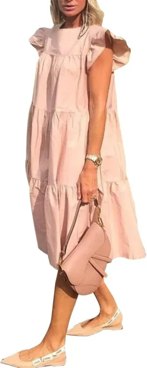 Summer Plus Size Babydoll Dress for Women Crew Neck Solid Color Ruffle Sleeveless Layered Smocked Loose Midi Dress