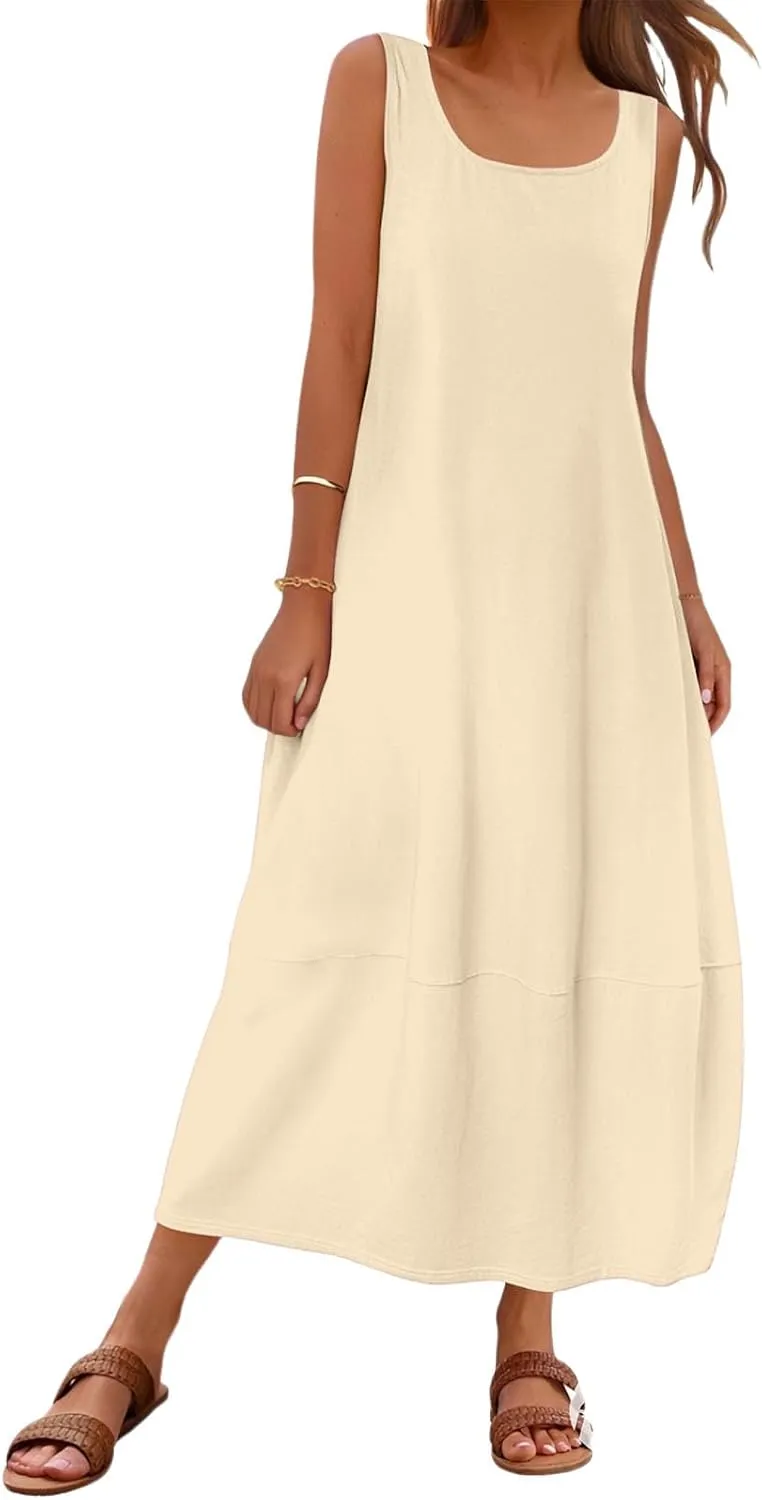 Summer Tank Sundress for Women 2025 Low Crewneck Sleeveless Maxi Loose Dress Flowy Swing Beach Dress with Pockets