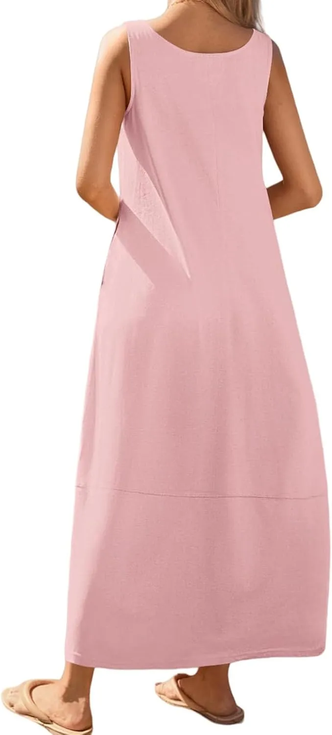 Summer Tank Sundress for Women 2025 Low Crewneck Sleeveless Maxi Loose Dress Flowy Swing Beach Dress with Pockets
