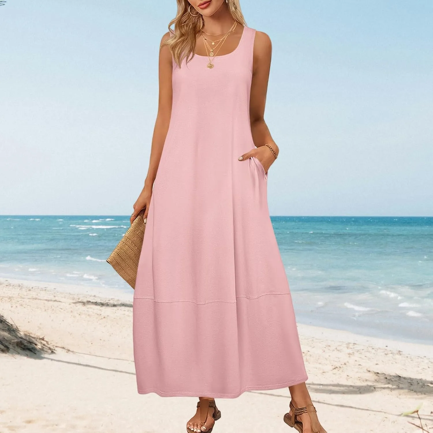 Summer Tank Sundress for Women 2025 Low Crewneck Sleeveless Maxi Loose Dress Flowy Swing Beach Dress with Pockets