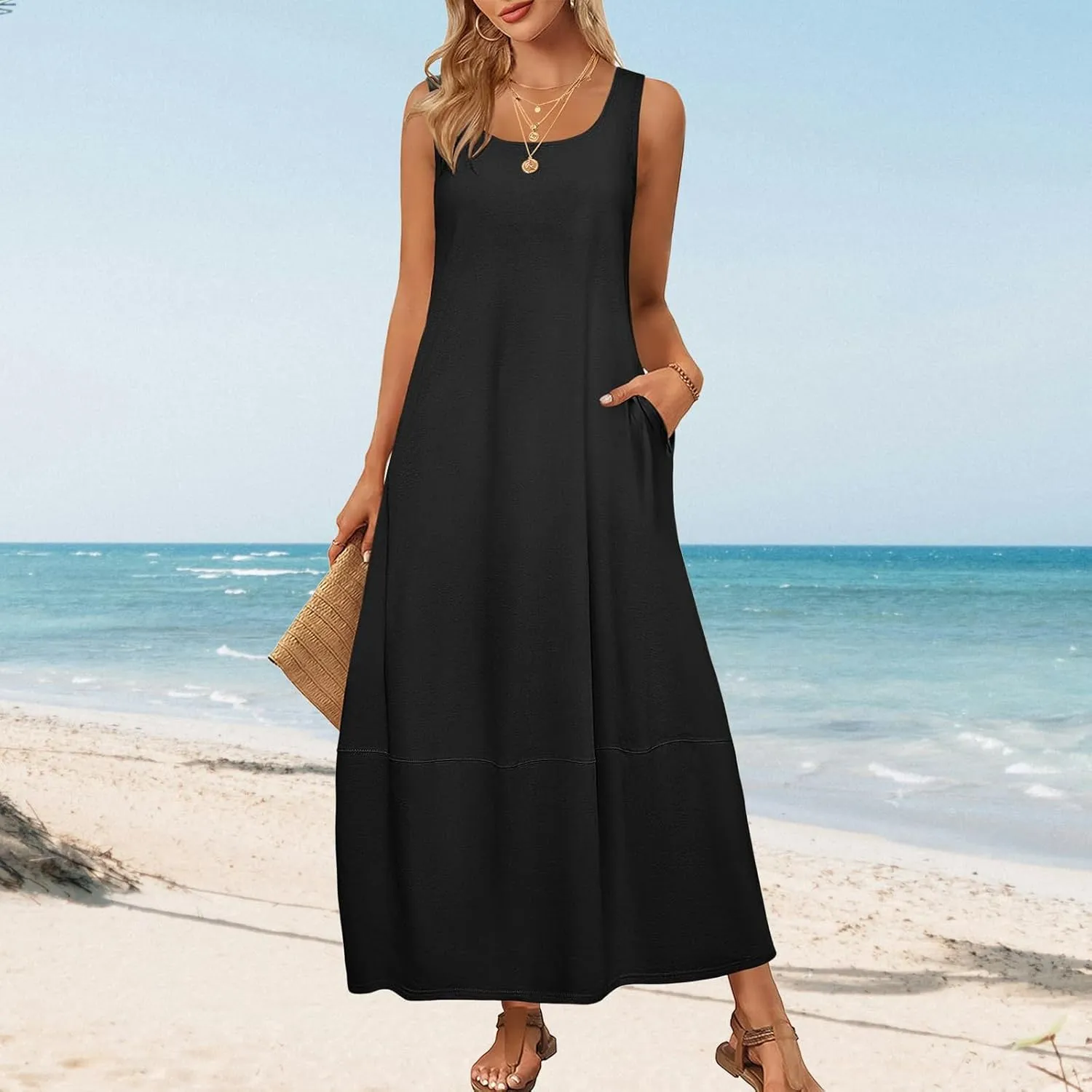 Summer Tank Sundress for Women 2025 Low Crewneck Sleeveless Maxi Loose Dress Flowy Swing Beach Dress with Pockets