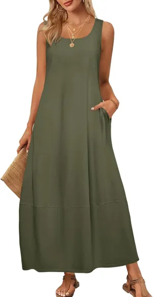 Summer Tank Sundress for Women 2025 Low Crewneck Sleeveless Maxi Loose Dress Flowy Swing Beach Dress with Pockets
