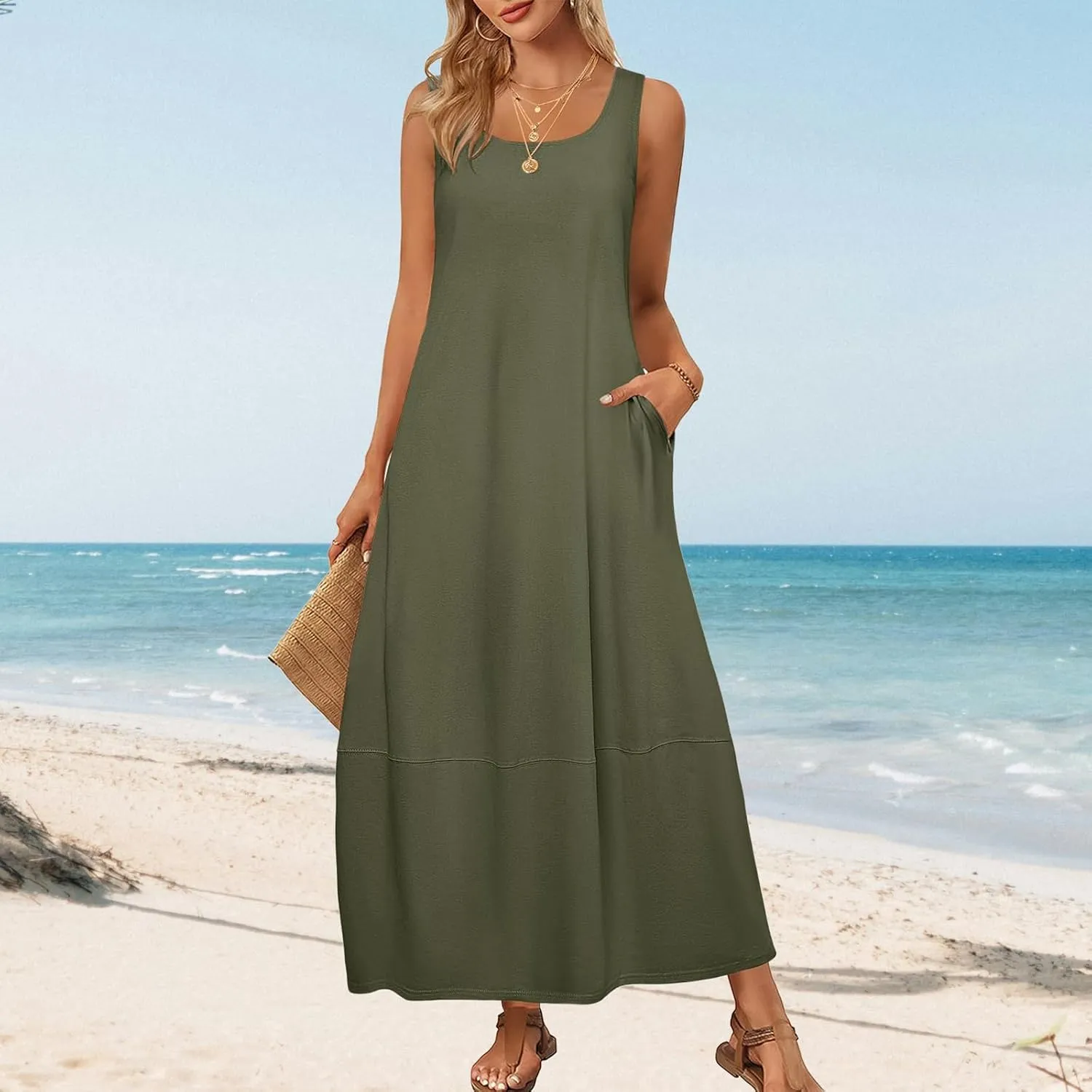 Summer Tank Sundress for Women 2025 Low Crewneck Sleeveless Maxi Loose Dress Flowy Swing Beach Dress with Pockets