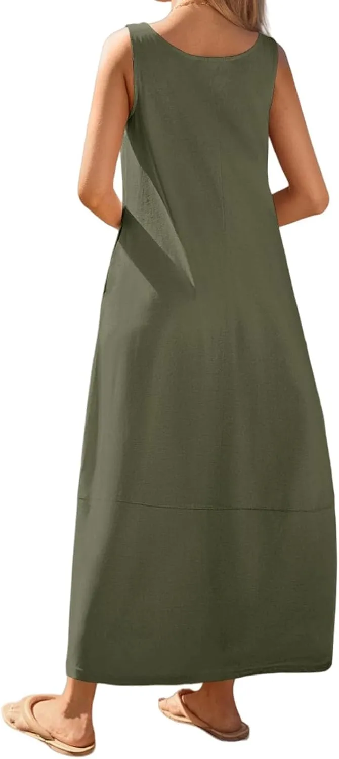 Summer Tank Sundress for Women 2025 Low Crewneck Sleeveless Maxi Loose Dress Flowy Swing Beach Dress with Pockets