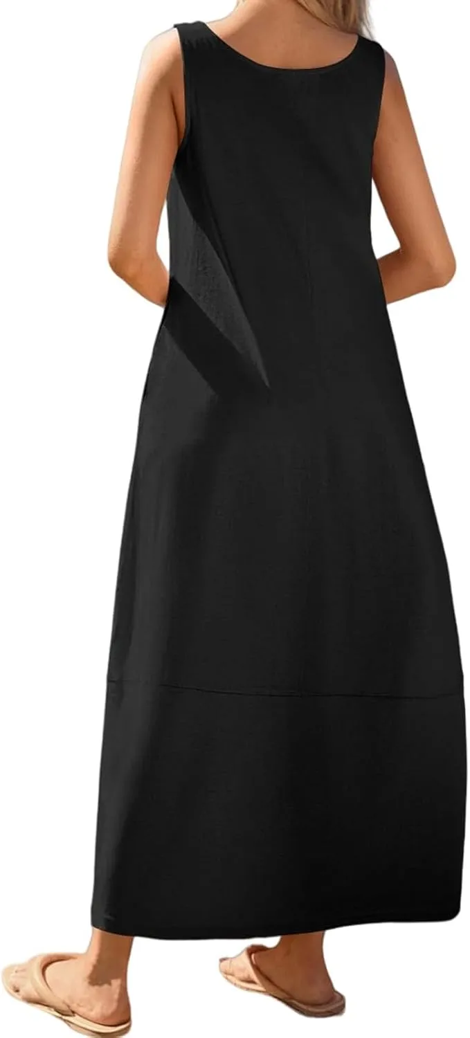 Summer Tank Sundress for Women 2025 Low Crewneck Sleeveless Maxi Loose Dress Flowy Swing Beach Dress with Pockets