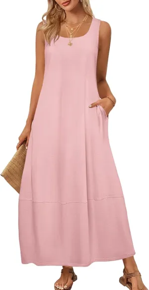 Summer Tank Sundress for Women 2025 Low Crewneck Sleeveless Maxi Loose Dress Flowy Swing Beach Dress with Pockets