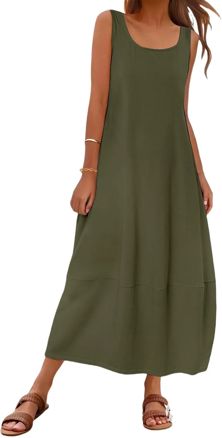 Summer Tank Sundress for Women 2025 Low Crewneck Sleeveless Maxi Loose Dress Flowy Swing Beach Dress with Pockets