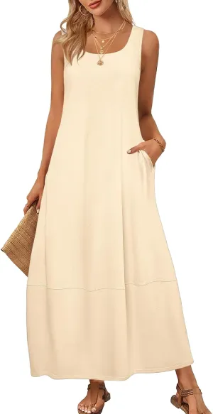 Summer Tank Sundress for Women 2025 Low Crewneck Sleeveless Maxi Loose Dress Flowy Swing Beach Dress with Pockets