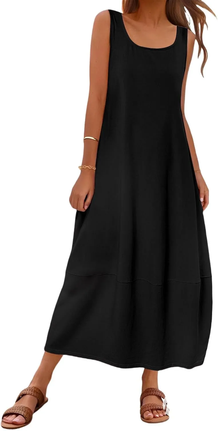 Summer Tank Sundress for Women 2025 Low Crewneck Sleeveless Maxi Loose Dress Flowy Swing Beach Dress with Pockets