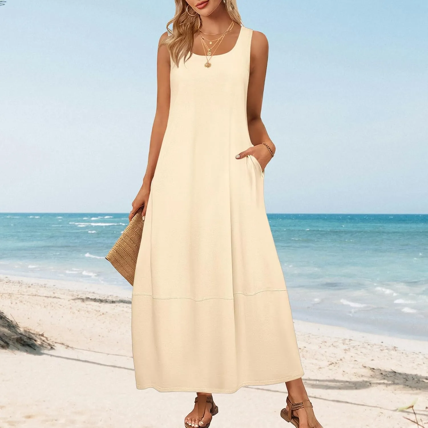 Summer Tank Sundress for Women 2025 Low Crewneck Sleeveless Maxi Loose Dress Flowy Swing Beach Dress with Pockets