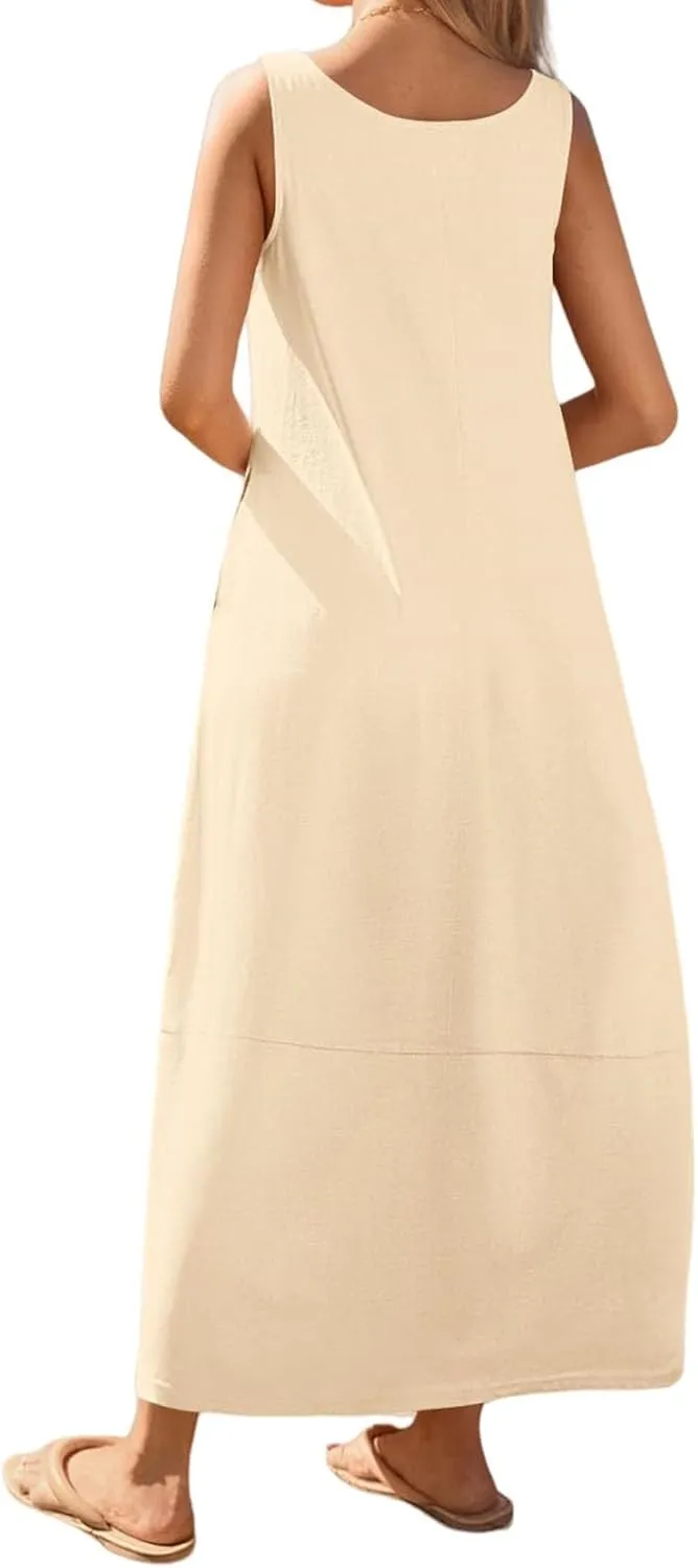 Summer Tank Sundress for Women 2025 Low Crewneck Sleeveless Maxi Loose Dress Flowy Swing Beach Dress with Pockets