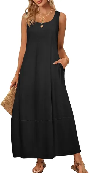 Summer Tank Sundress for Women 2025 Low Crewneck Sleeveless Maxi Loose Dress Flowy Swing Beach Dress with Pockets