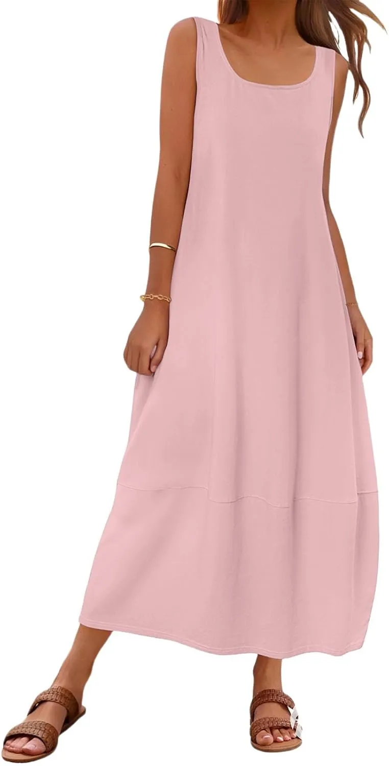 Summer Tank Sundress for Women 2025 Low Crewneck Sleeveless Maxi Loose Dress Flowy Swing Beach Dress with Pockets