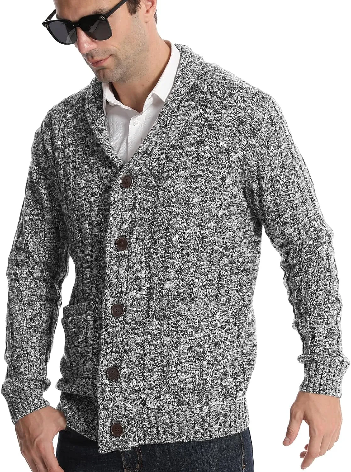 Suwangi Men's Cardigan Sweater Cable Knitted Shawl Collar Cardigans for Men V Neck Long-Sleeve Button-Down Slim Fit Sweater